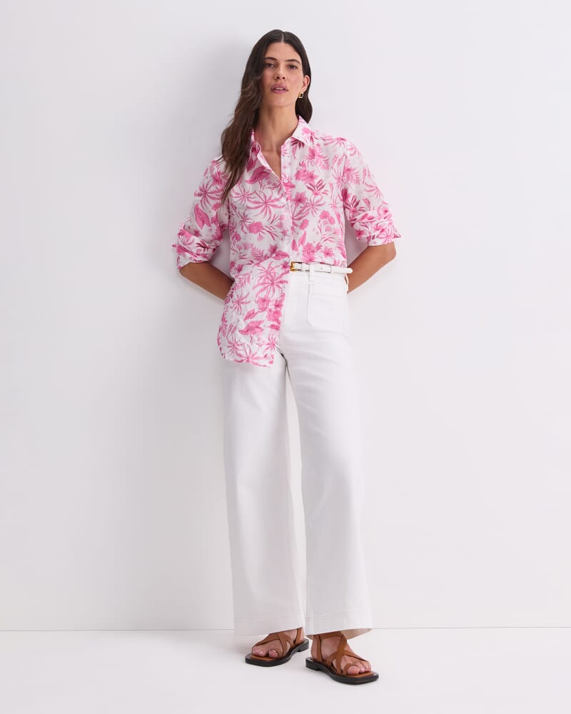 Cotton Silk Palm Shirt in PINK/WHITE