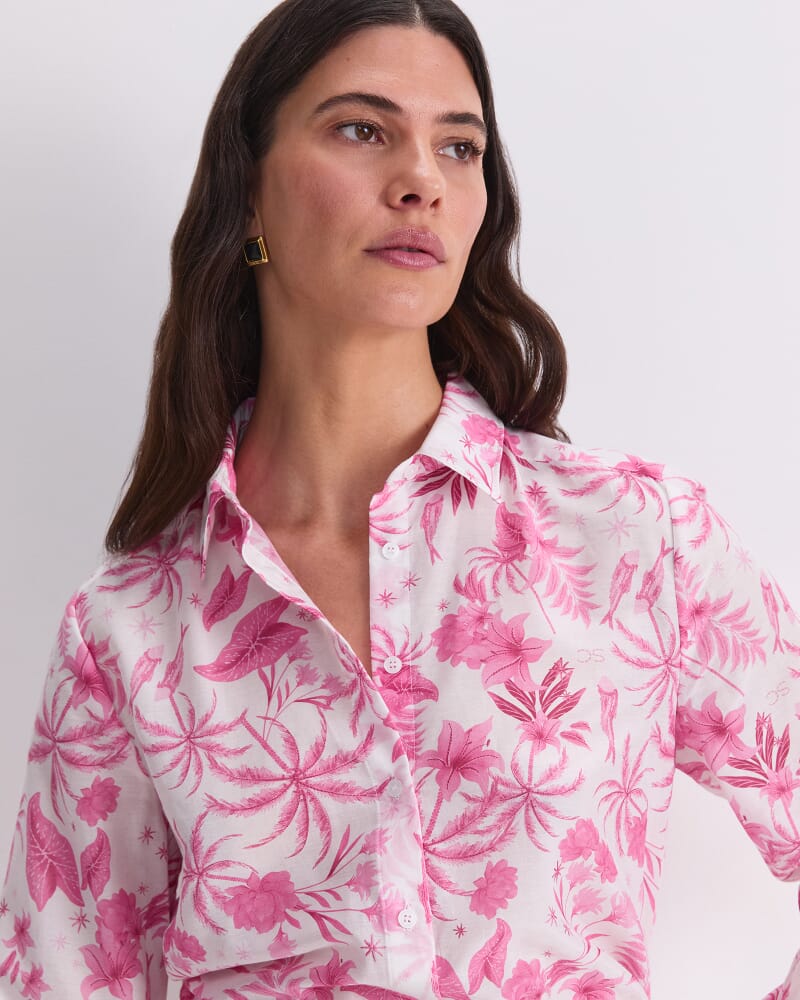Cotton Silk Palm Shirt in PINK/WHITE