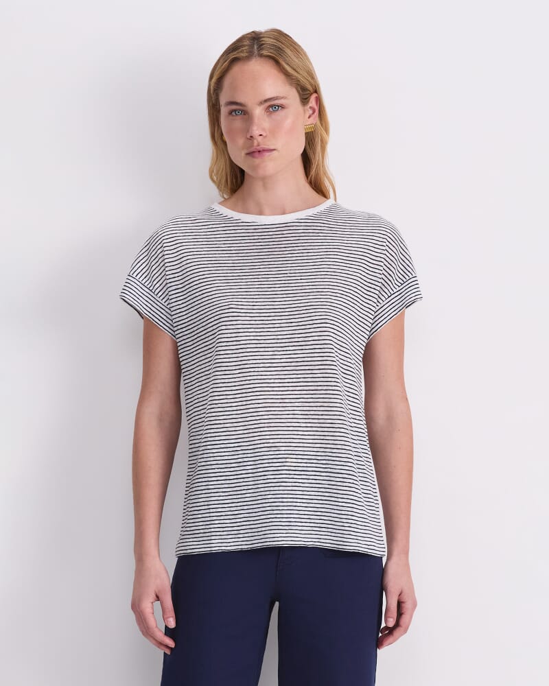 Tonia Crew Neck Linen Tee in WHITE/NAVY