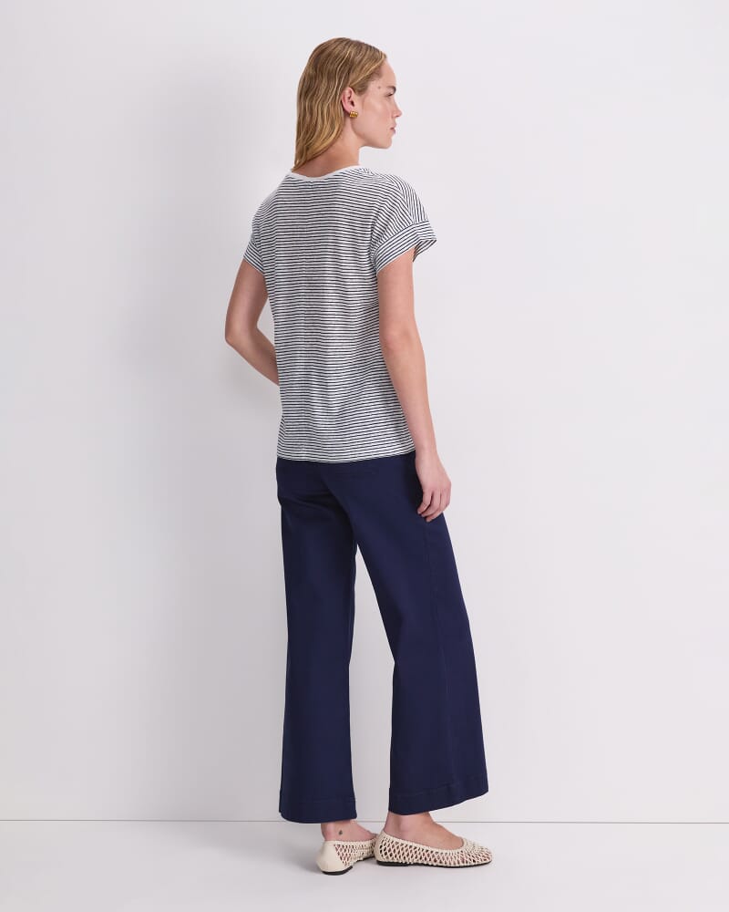 Tonia Crew Neck Linen Tee in WHITE/NAVY