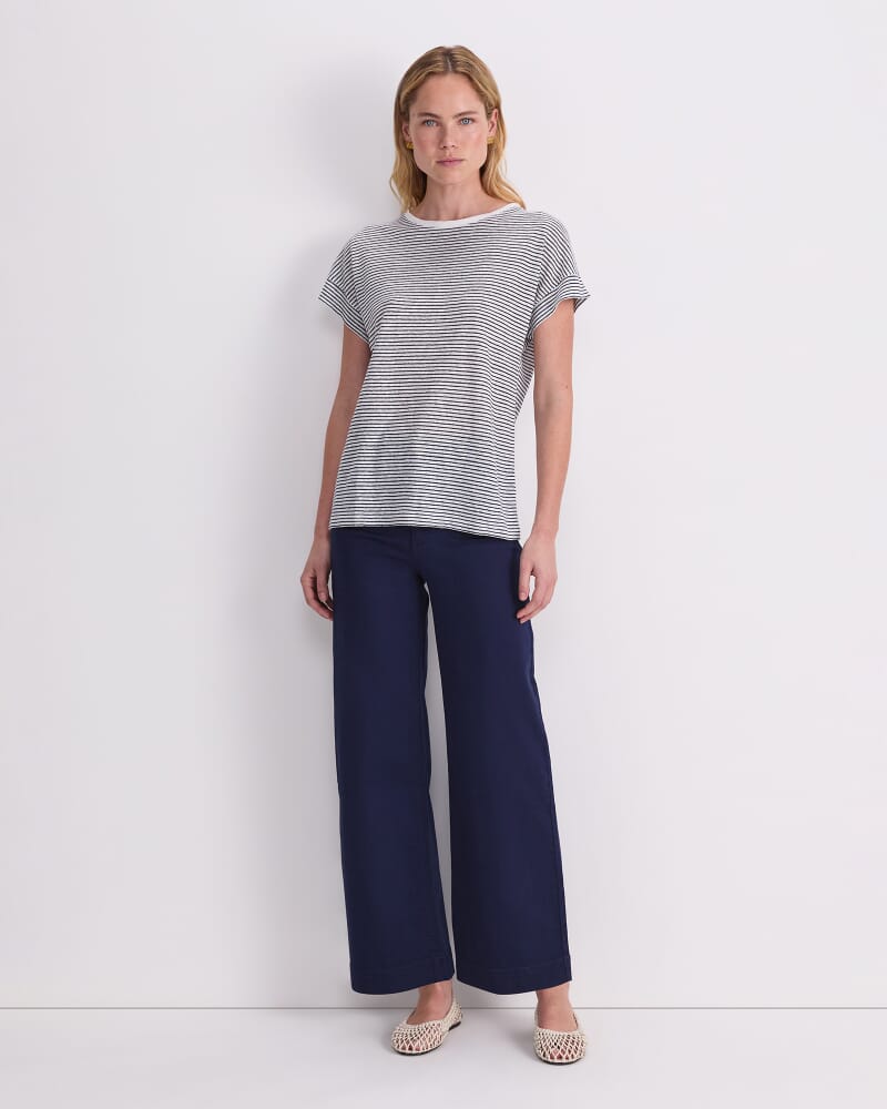 Tonia Crew Neck Linen Tee in WHITE/NAVY