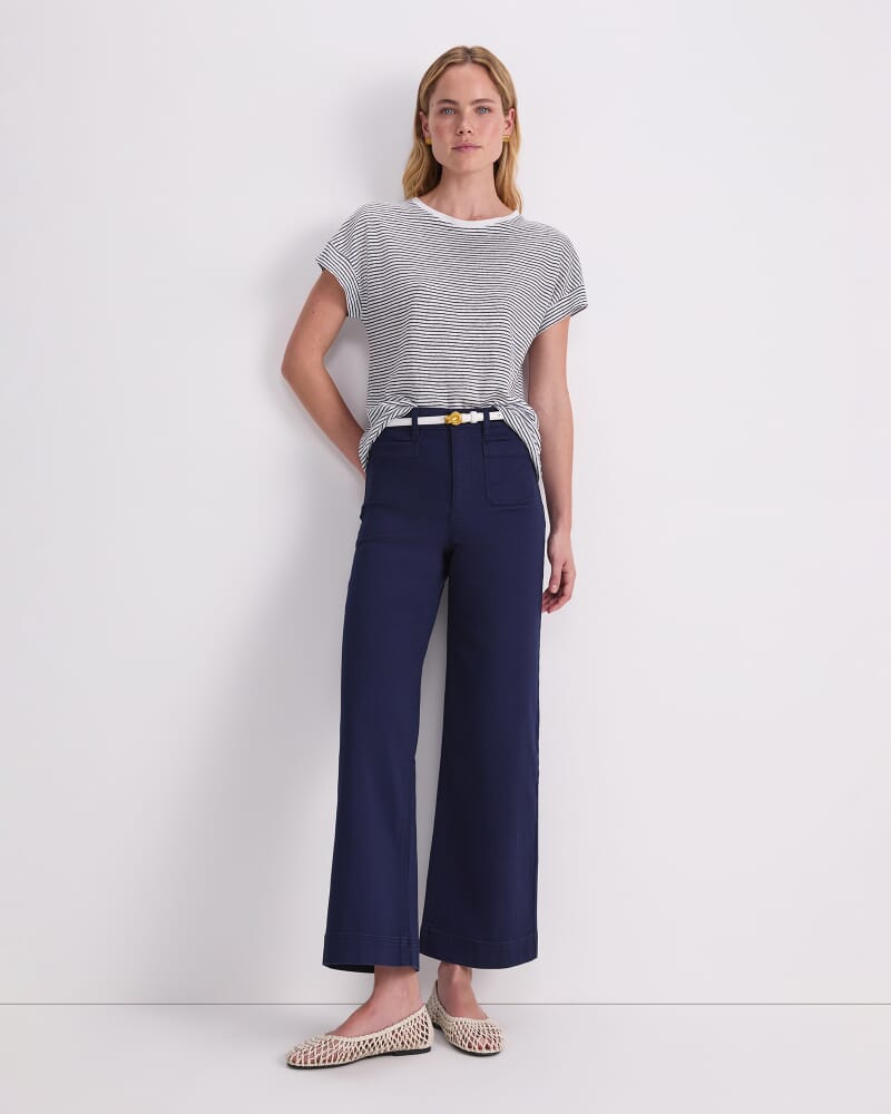 Tonia Crew Neck Linen Tee in WHITE/NAVY