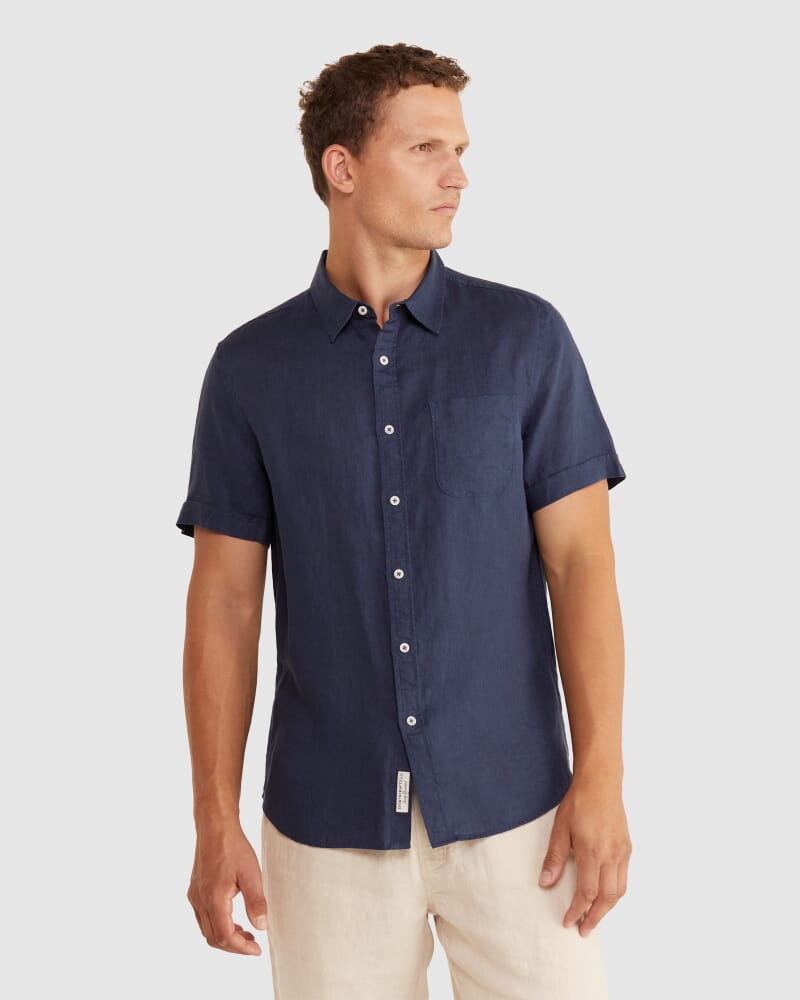 Linen Short Sleeve Shirt in NAVY