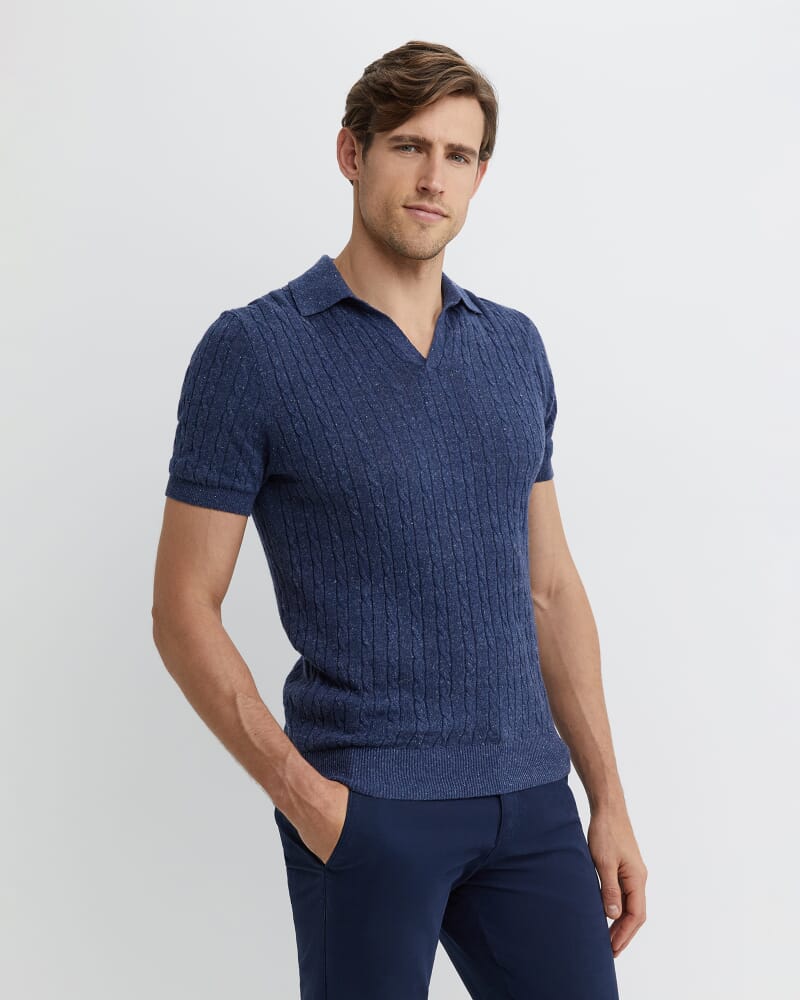Murrinar Cable Knit Polo in DARK BLUE MELANGE