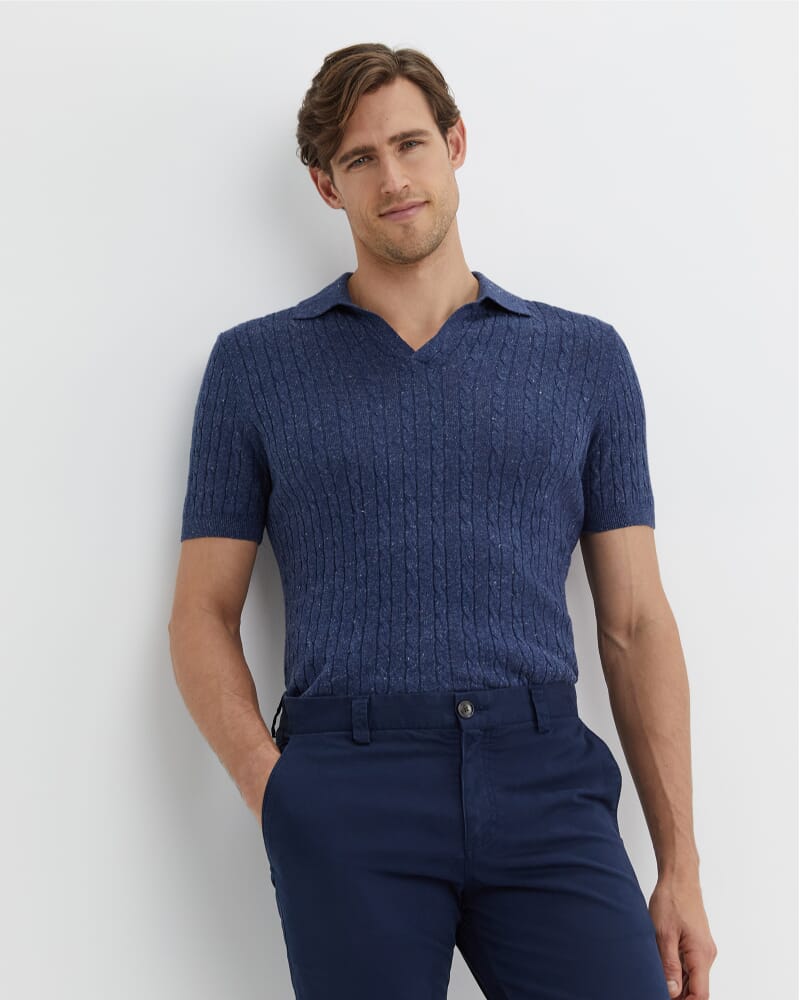 Murrinar Cable Knit Polo in DARK BLUE MELANGE