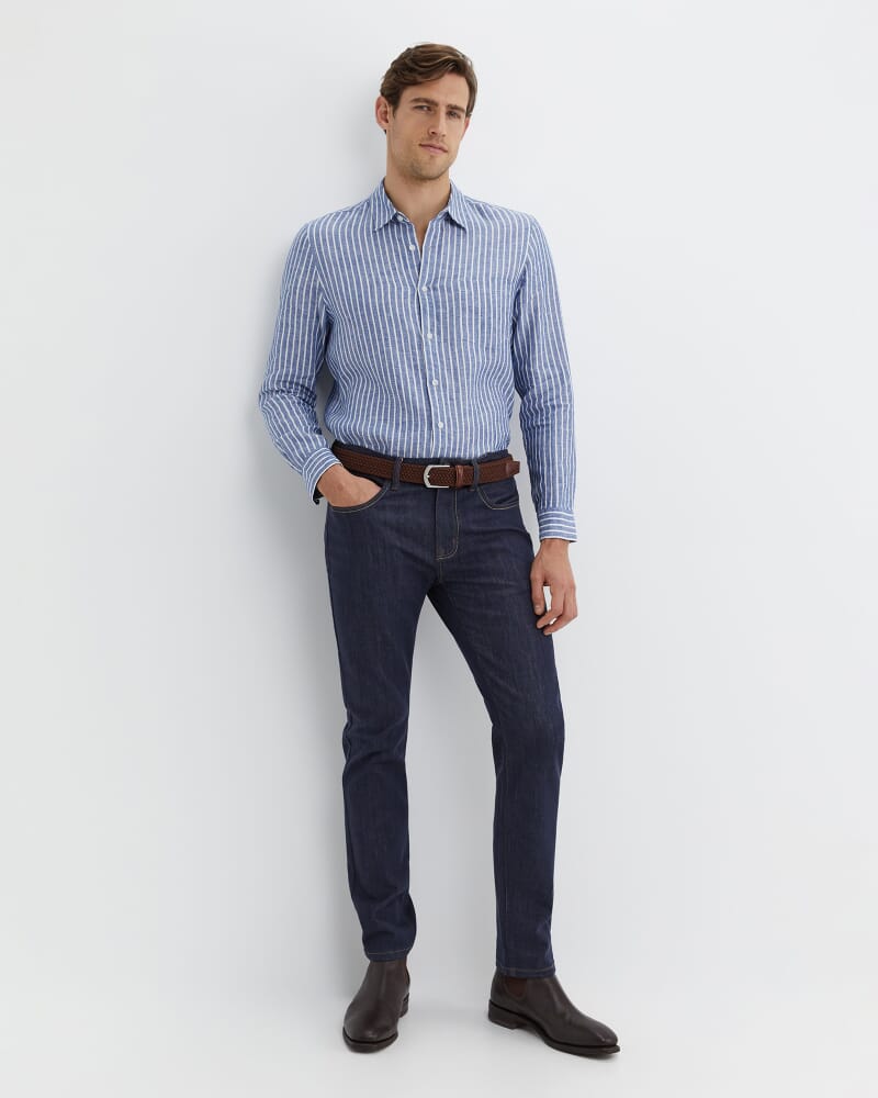 Chalmers Long Sleeve Stripe Linen Shirt in BLUE/WHITE