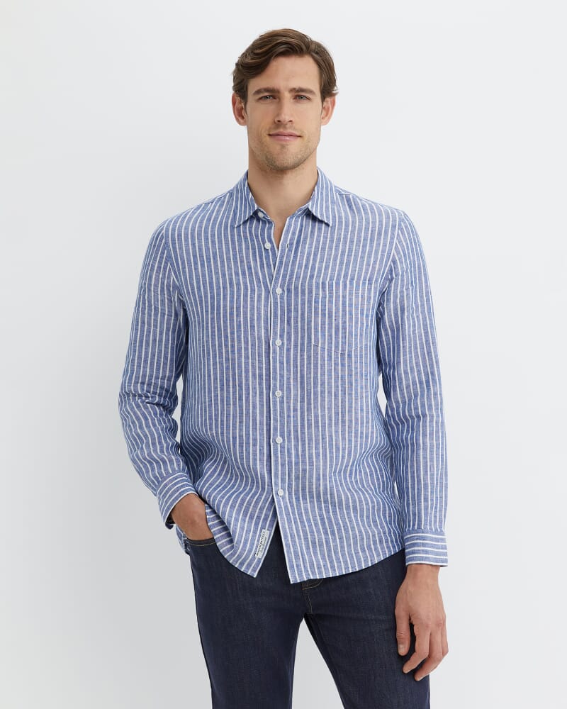 Chalmers Long Sleeve Stripe Linen Shirt in BLUE/WHITE