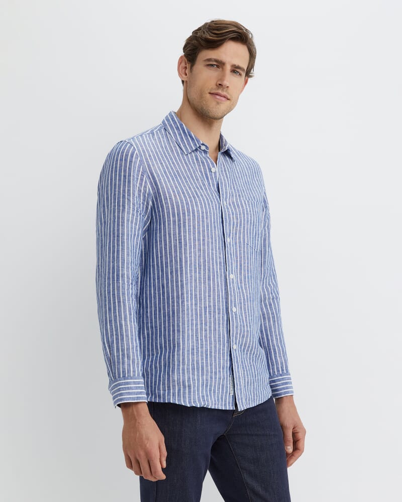 Chalmers Long Sleeve Stripe Linen Shirt in BLUE/WHITE