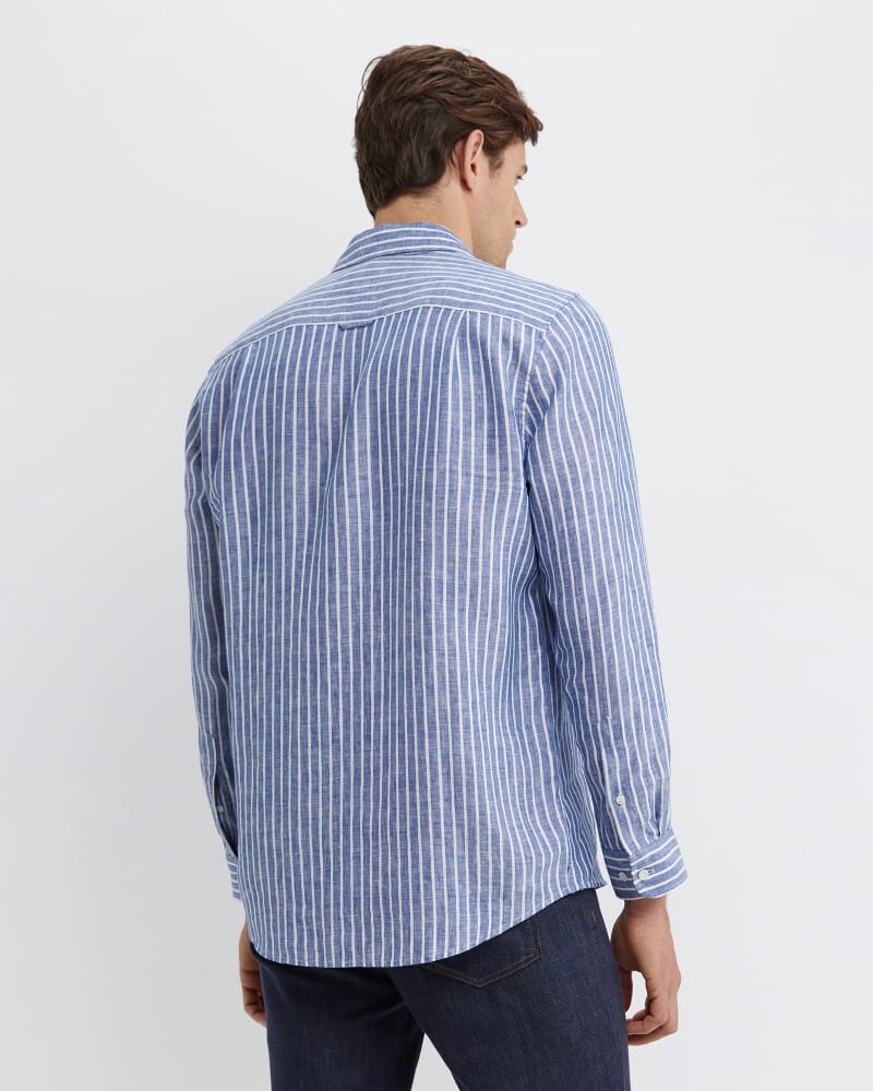 Chalmers Long Sleeve Stripe Linen Shirt in BLUE/WHITE