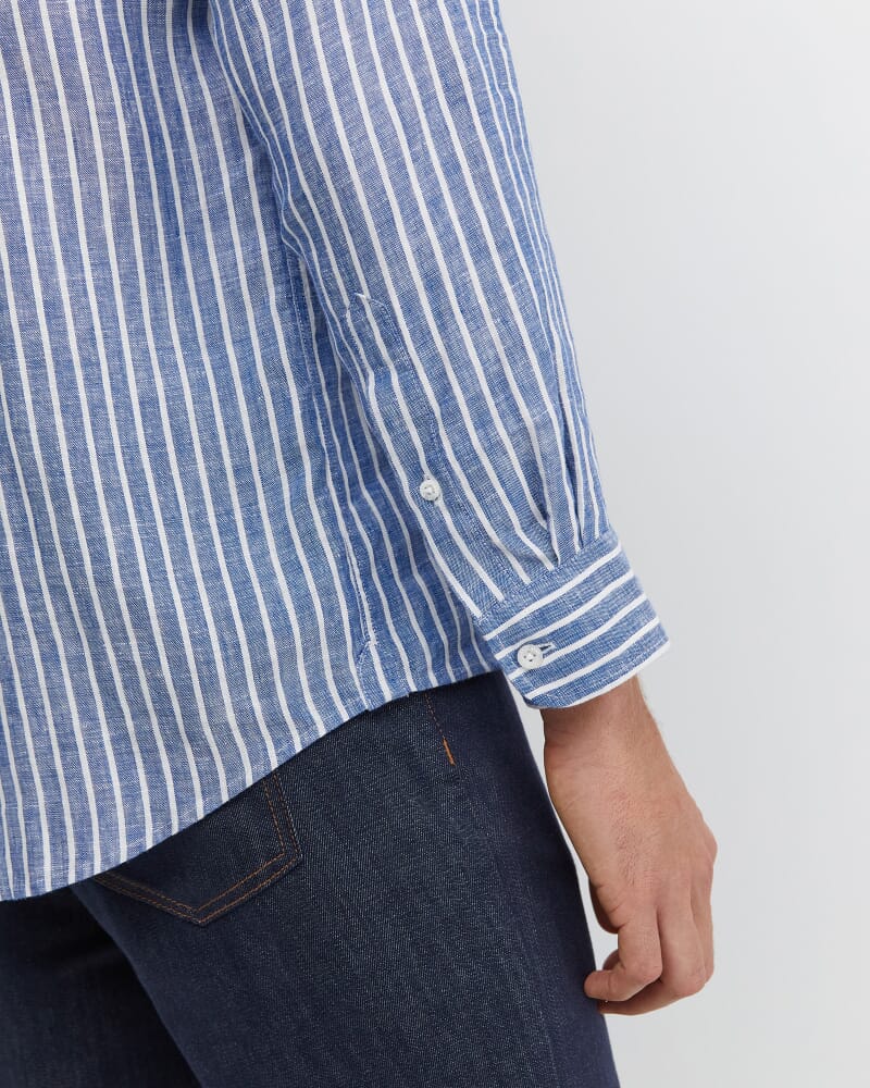 Chalmers Long Sleeve Stripe Linen Shirt in BLUE/WHITE