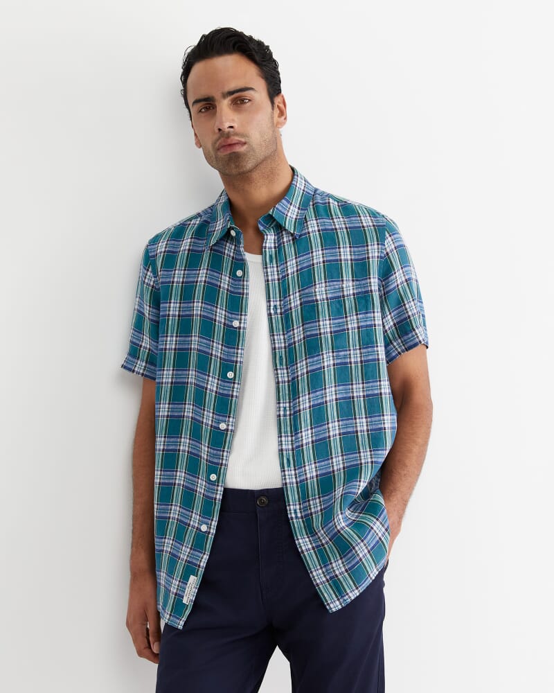 Johnston Short Sleeve Linen Check Shirt in MULTI