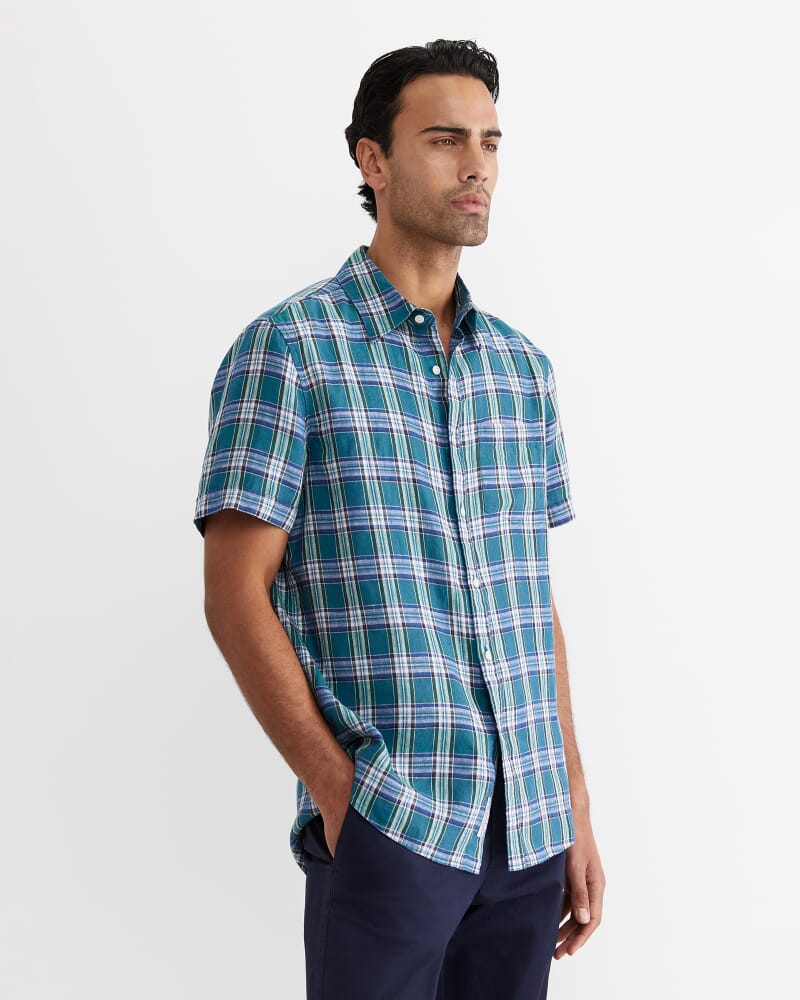 Johnston Short Sleeve Linen Check Shirt in MULTI
