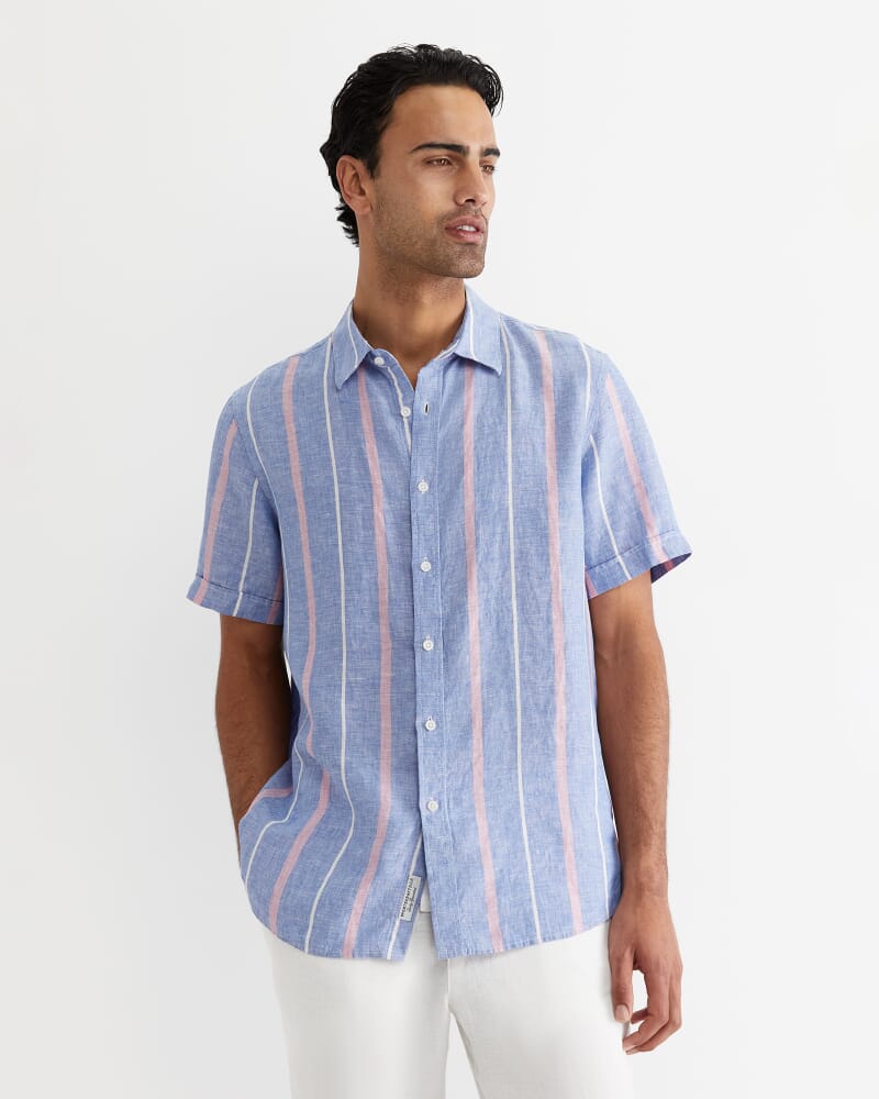 Redfern Short Sleeve Linen Stripe Shirt in PINK/BLUE