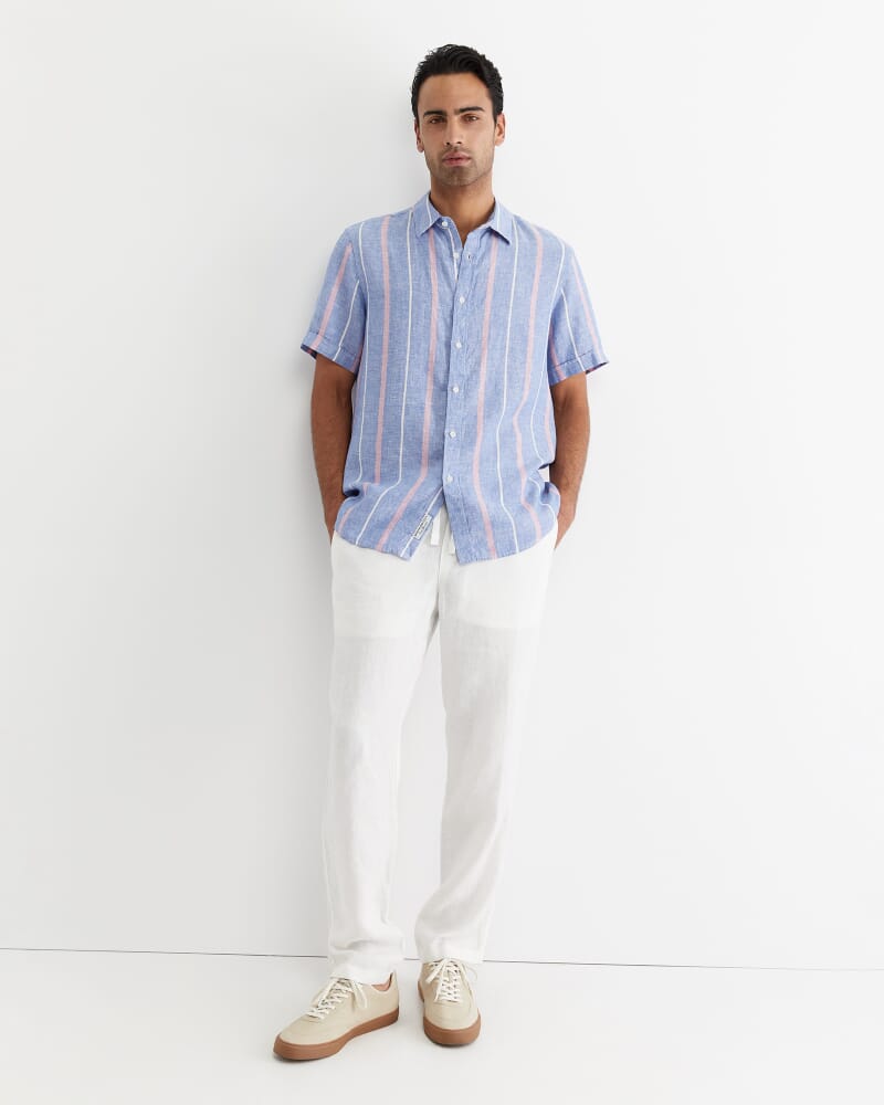 Redfern Short Sleeve Linen Stripe Shirt in PINK/BLUE