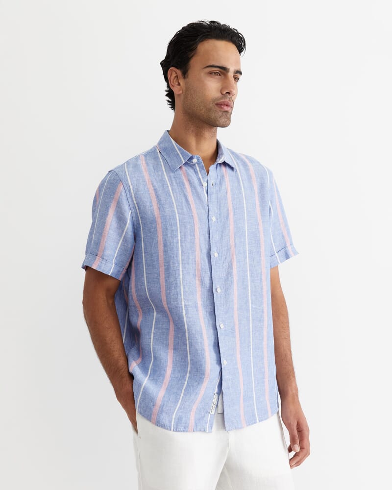 Redfern Short Sleeve Linen Stripe Shirt in PINK/BLUE