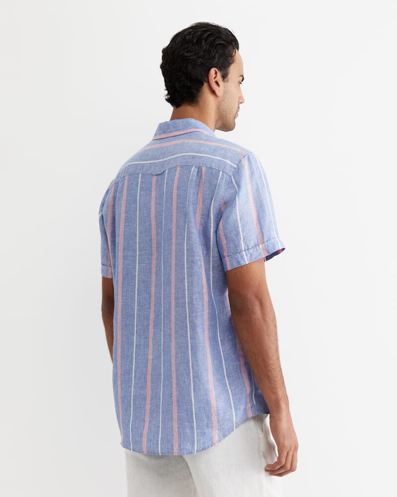 Redfern Short Sleeve Linen Stripe Shirt in PINK/BLUE