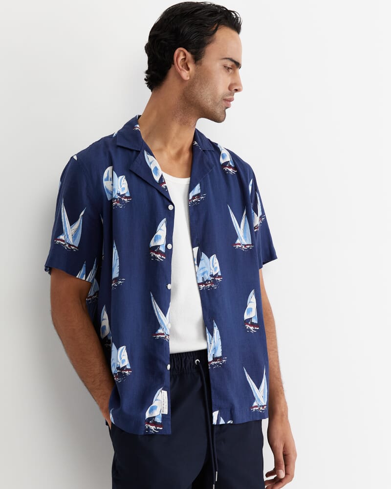Sail Away Short Sleeve Cuban Shirt in NAVY