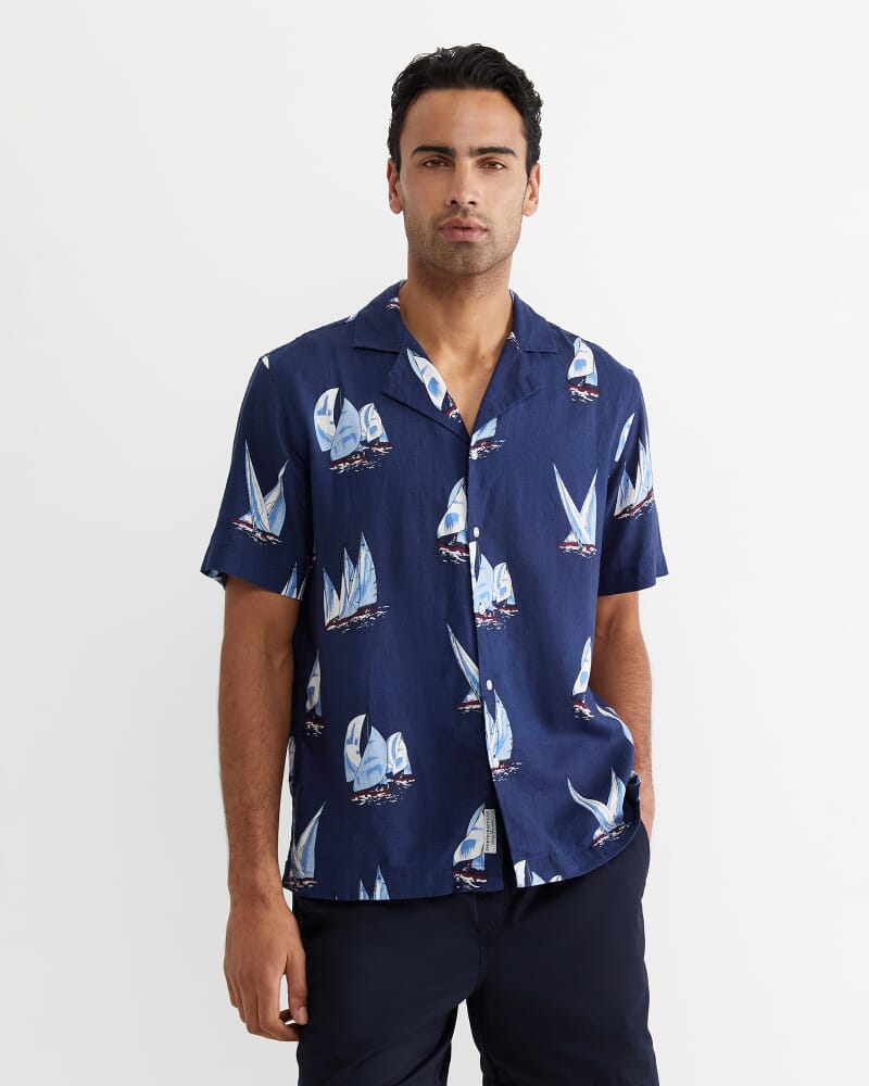 Sail Away Short Sleeve Cuban Shirt in NAVY