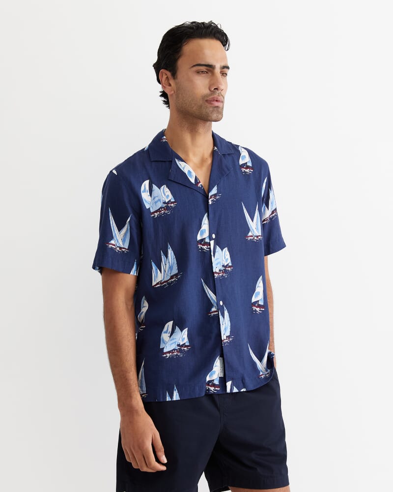 Sail Away Short Sleeve Cuban Shirt in NAVY