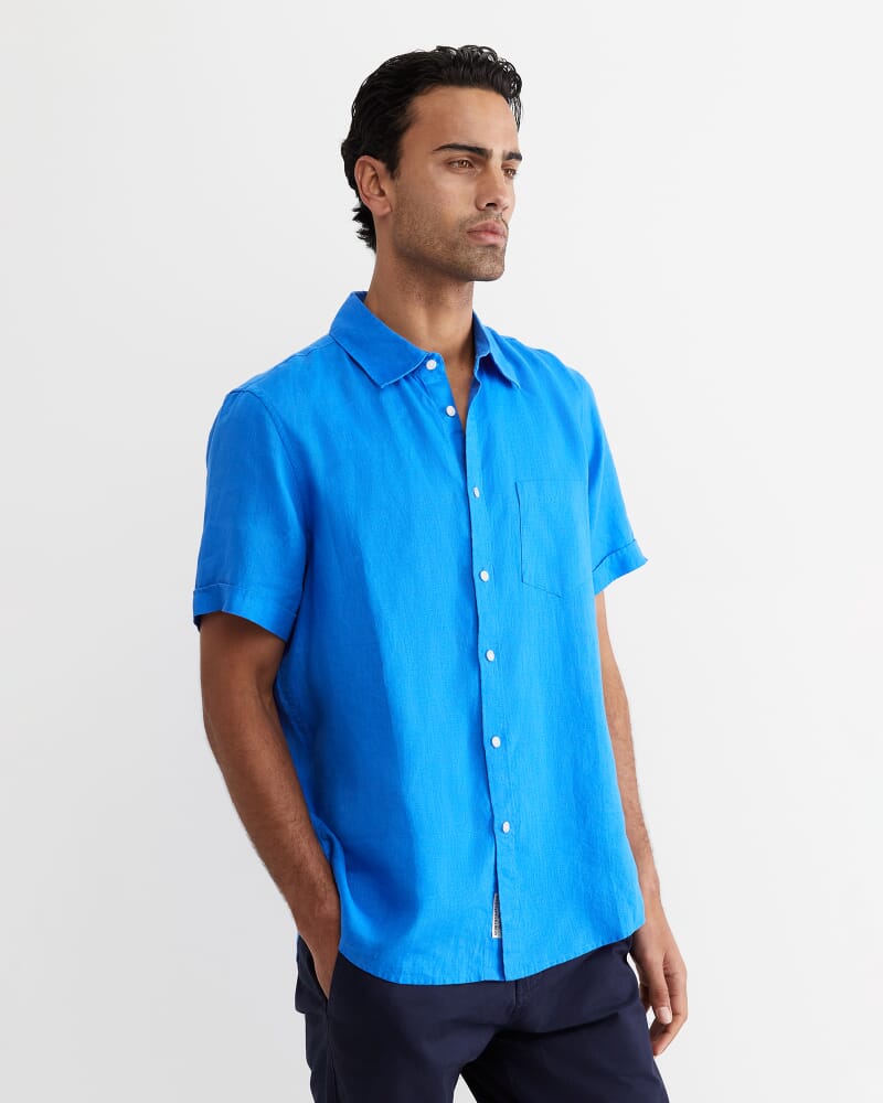 Short Sleeve Linen Shirt in COBALT