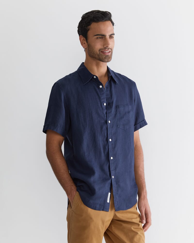 Short Sleeve Linen Shirt in NAVY
