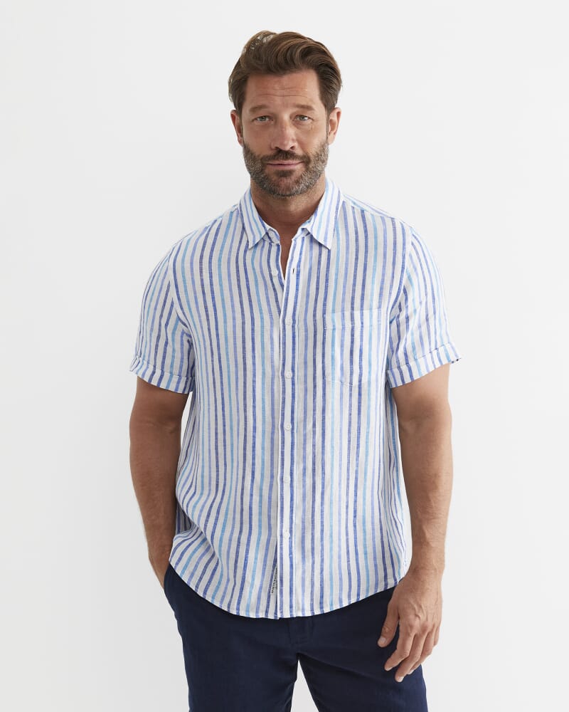 Fenton Short Sleeve Stripe Linen Shirt in BLUE MULTI