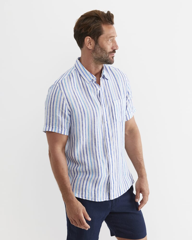 Fenton Short Sleeve Stripe Linen Shirt in BLUE MULTI
