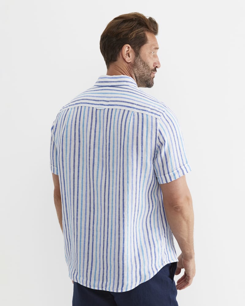 Fenton Short Sleeve Stripe Linen Shirt in BLUE MULTI