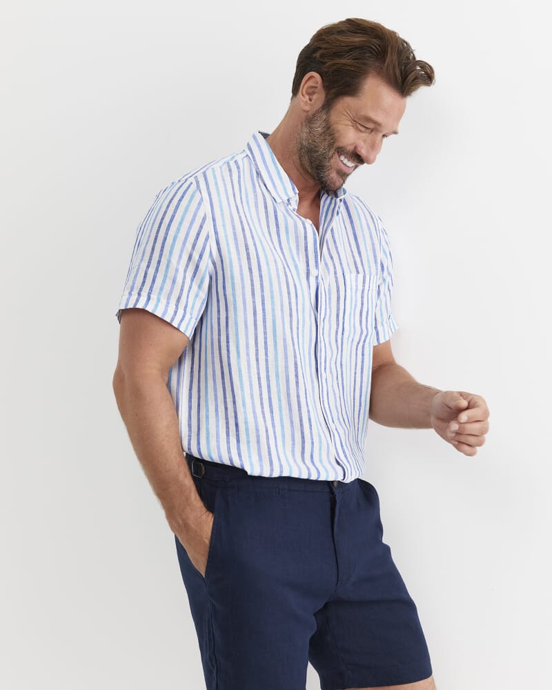 Fenton Short Sleeve Stripe Linen Shirt in BLUE MULTI