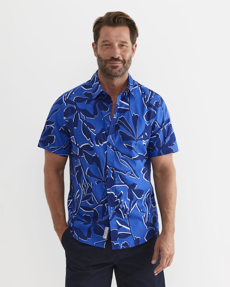 Marks Short Sleeve Cotton Shirt in NAVY MULTI