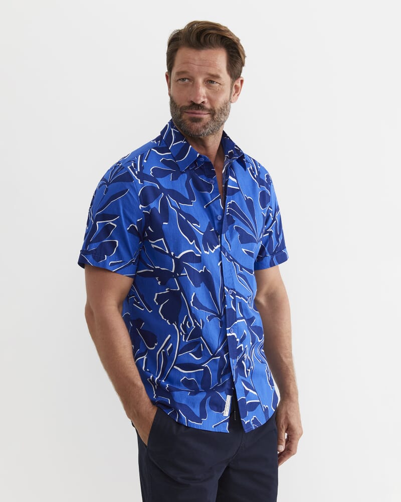Marks Short Sleeve Cotton Shirt in NAVY MULTI