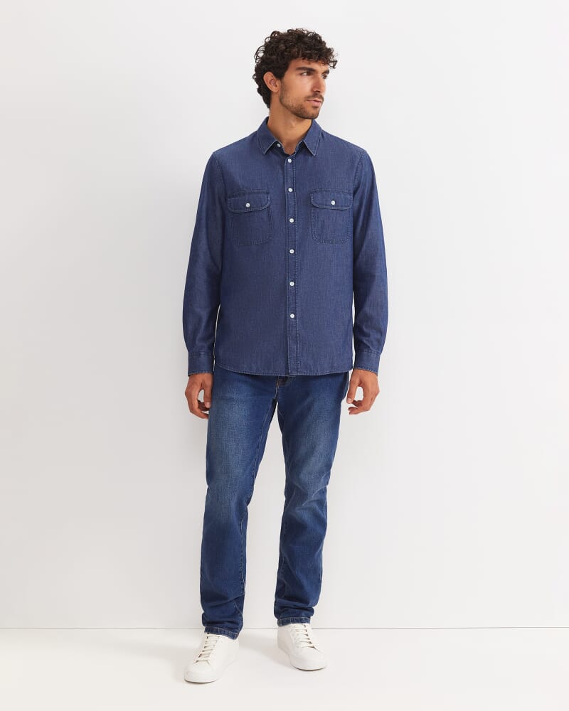Long Sleeve Denim Shirt in MID WASH
