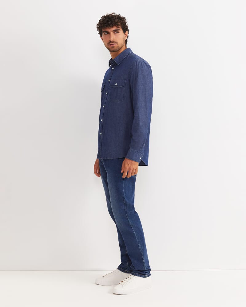 Long Sleeve Denim Shirt in MID WASH