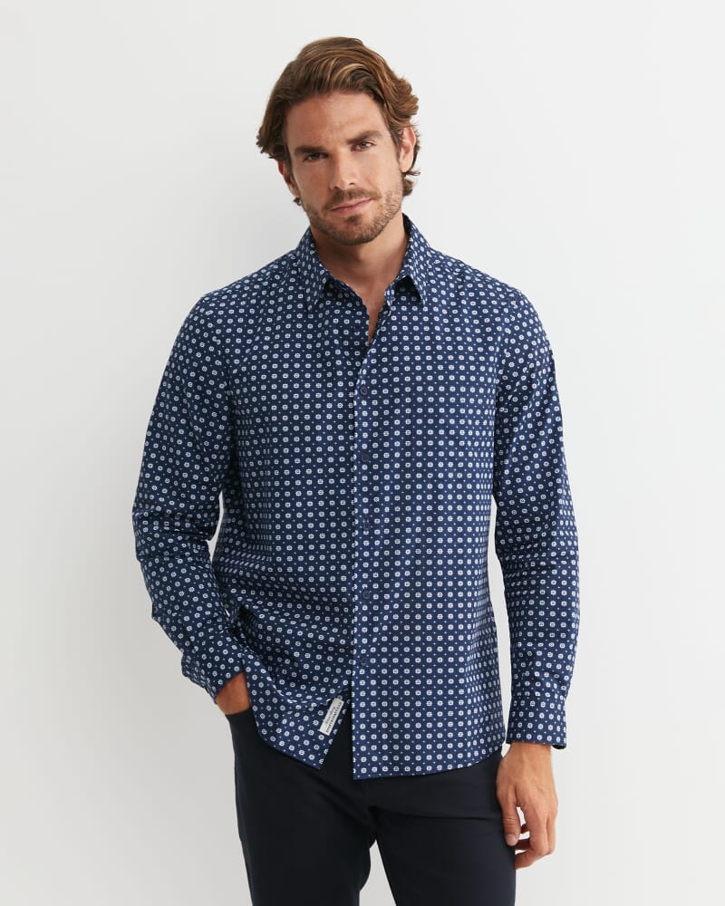 William Long Sleeve Print Shirt in NAVY