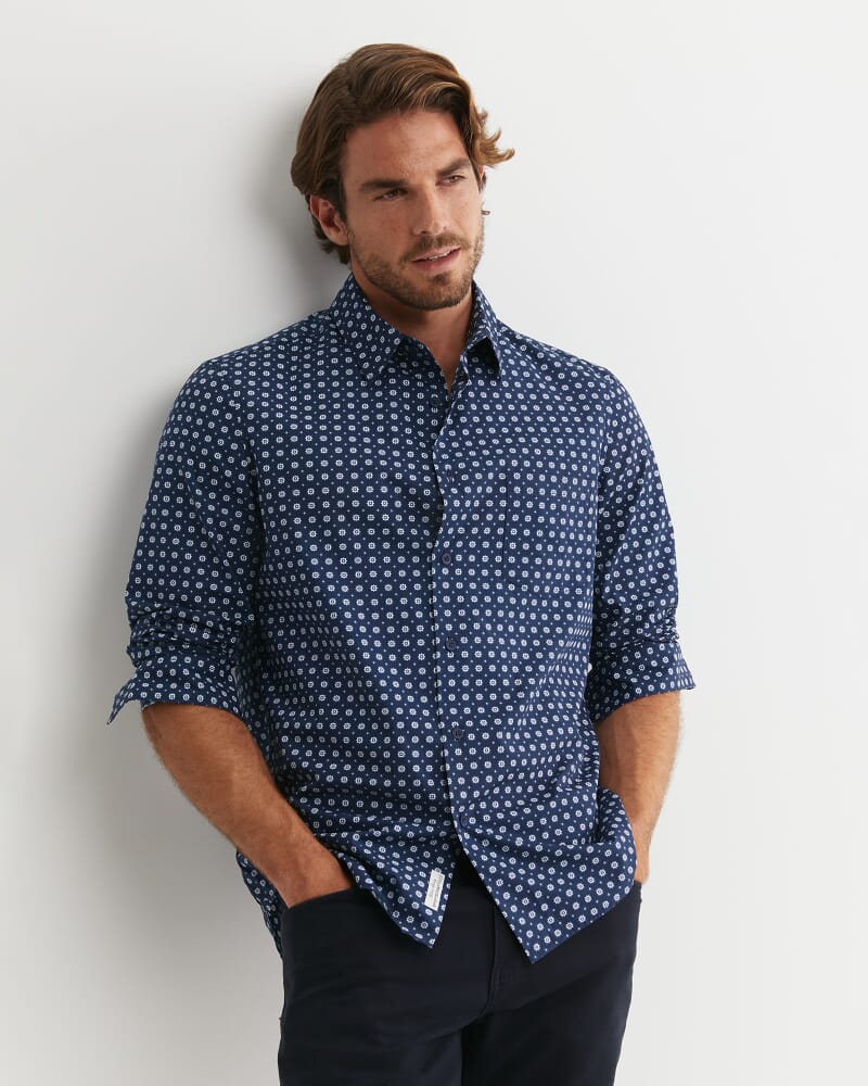 William Long Sleeve Print Shirt in NAVY