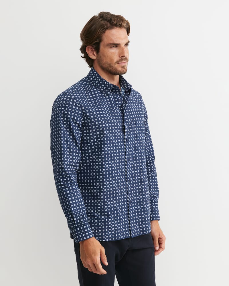 William Long Sleeve Print Shirt in NAVY
