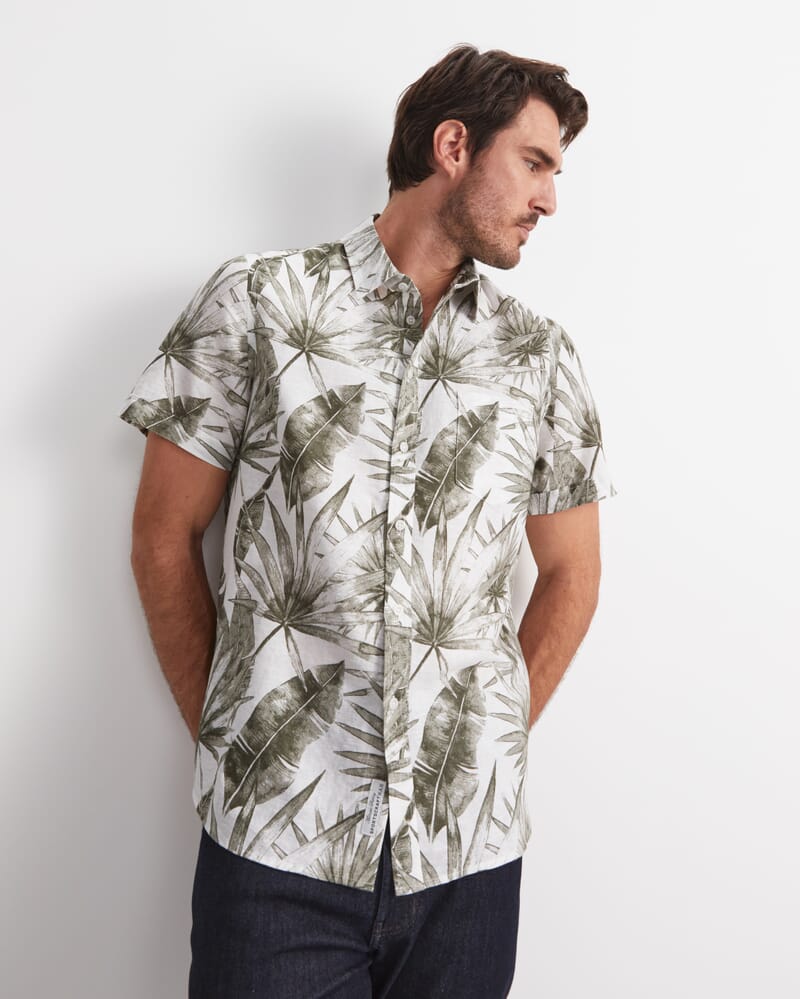 Cecile Palm Print Short Sleeve Shirt in KHAKI/WHITE