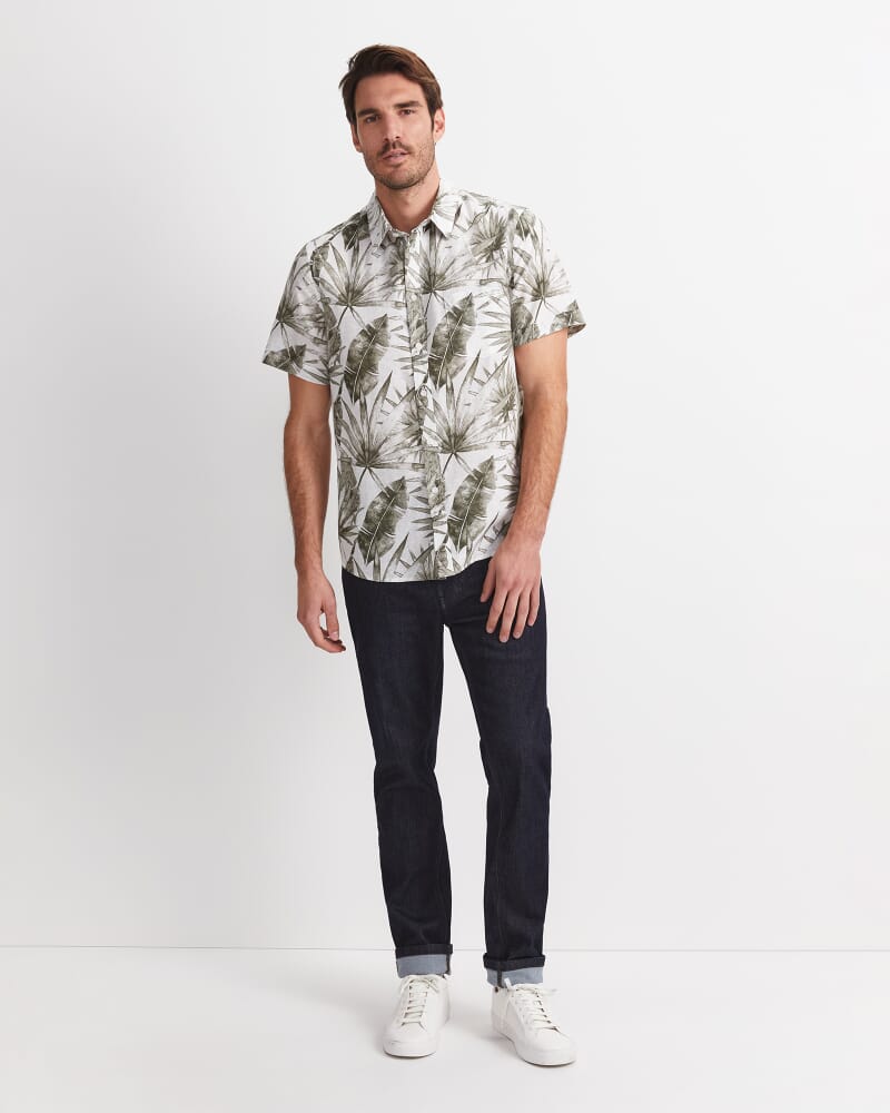 Cecile Palm Print Short Sleeve Shirt in KHAKI/WHITE
