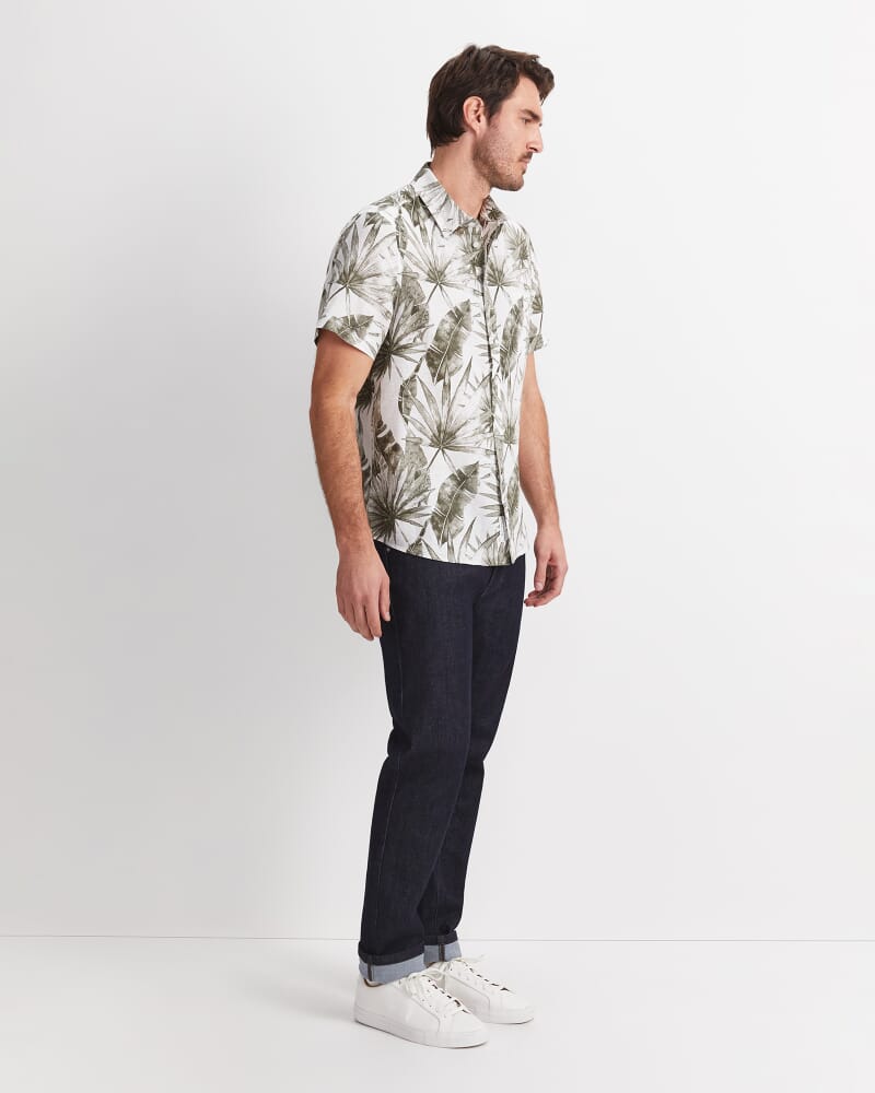 Cecile Palm Print Short Sleeve Shirt in KHAKI/WHITE