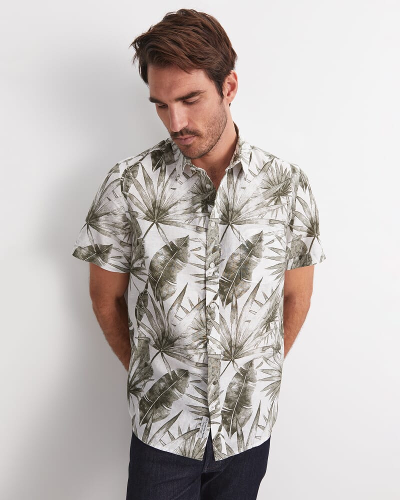Cecile Palm Print Short Sleeve Shirt in KHAKI/WHITE
