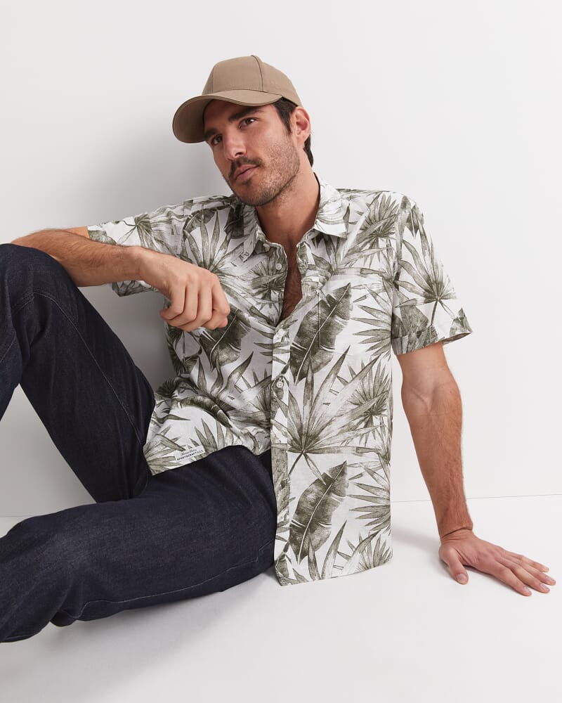 Cecile Palm Print Short Sleeve Shirt in KHAKI/WHITE