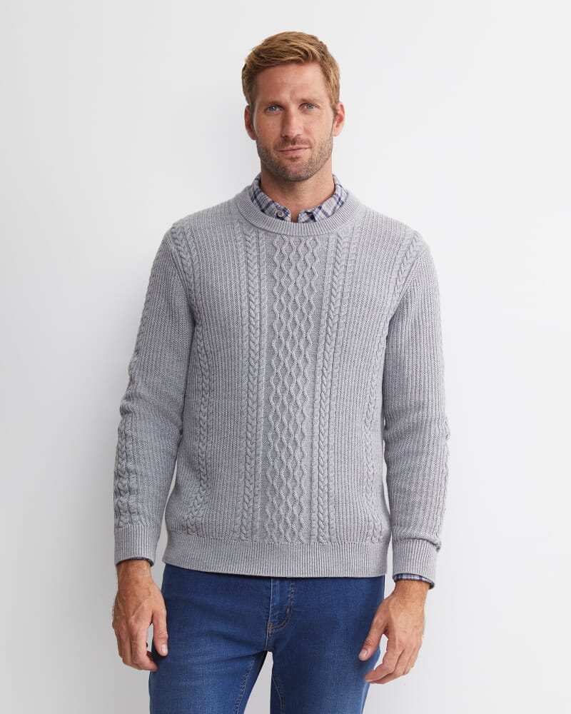 Joshua Cable Crew Knit in GREY MELANGE