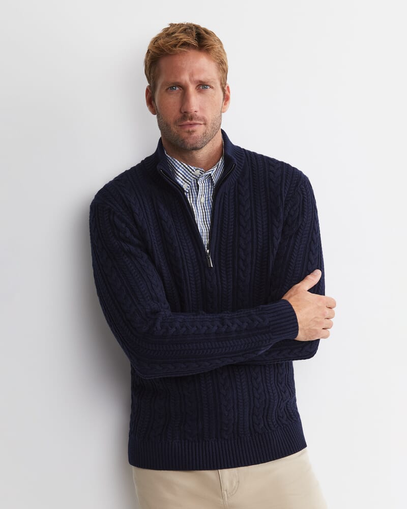 Joshua Cable Quarter Zip Knit in NAVY MELANGE