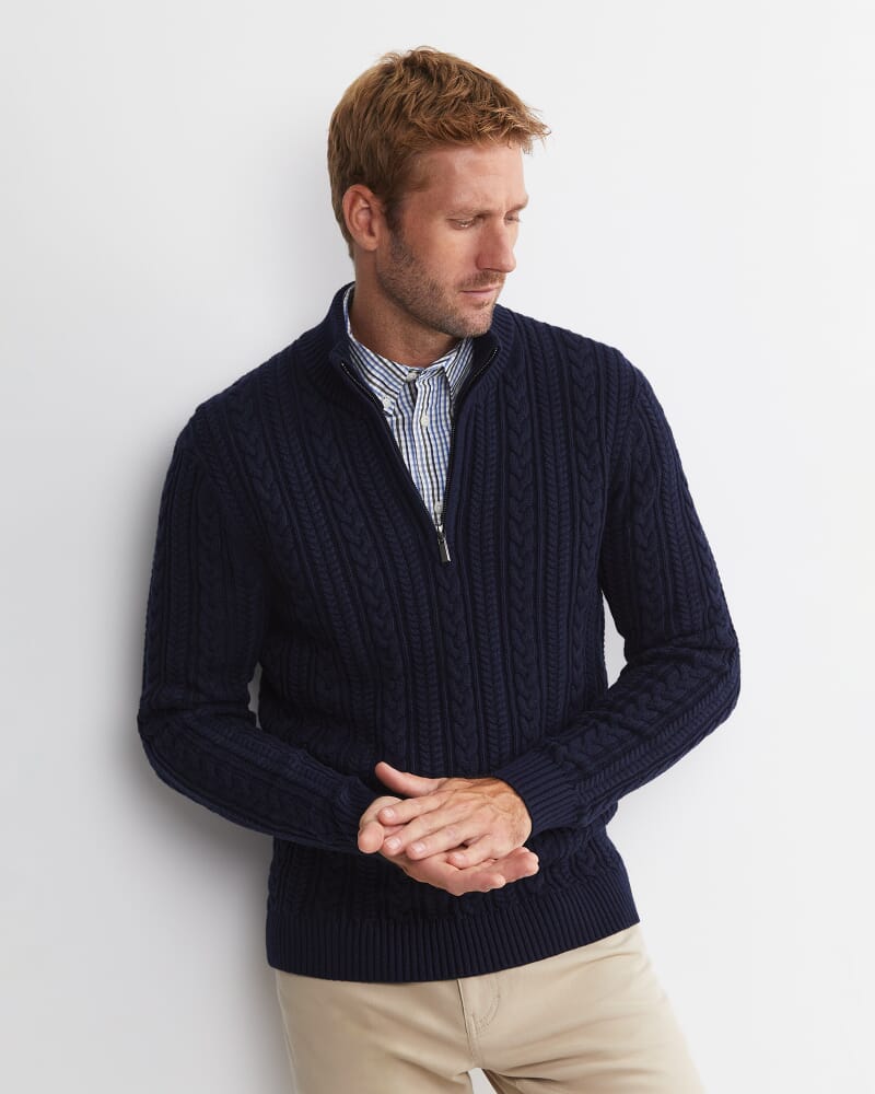 Joshua Cable Quarter Zip Knit in NAVY MELANGE
