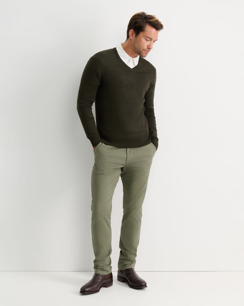 Merino V-Neck Knit in DARK KHAKI