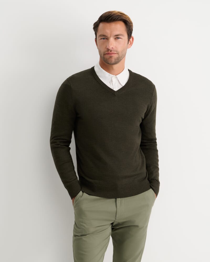 Merino V-Neck Knit in DARK KHAKI