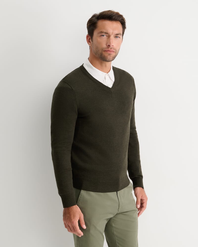 Merino V-Neck Knit in DARK KHAKI