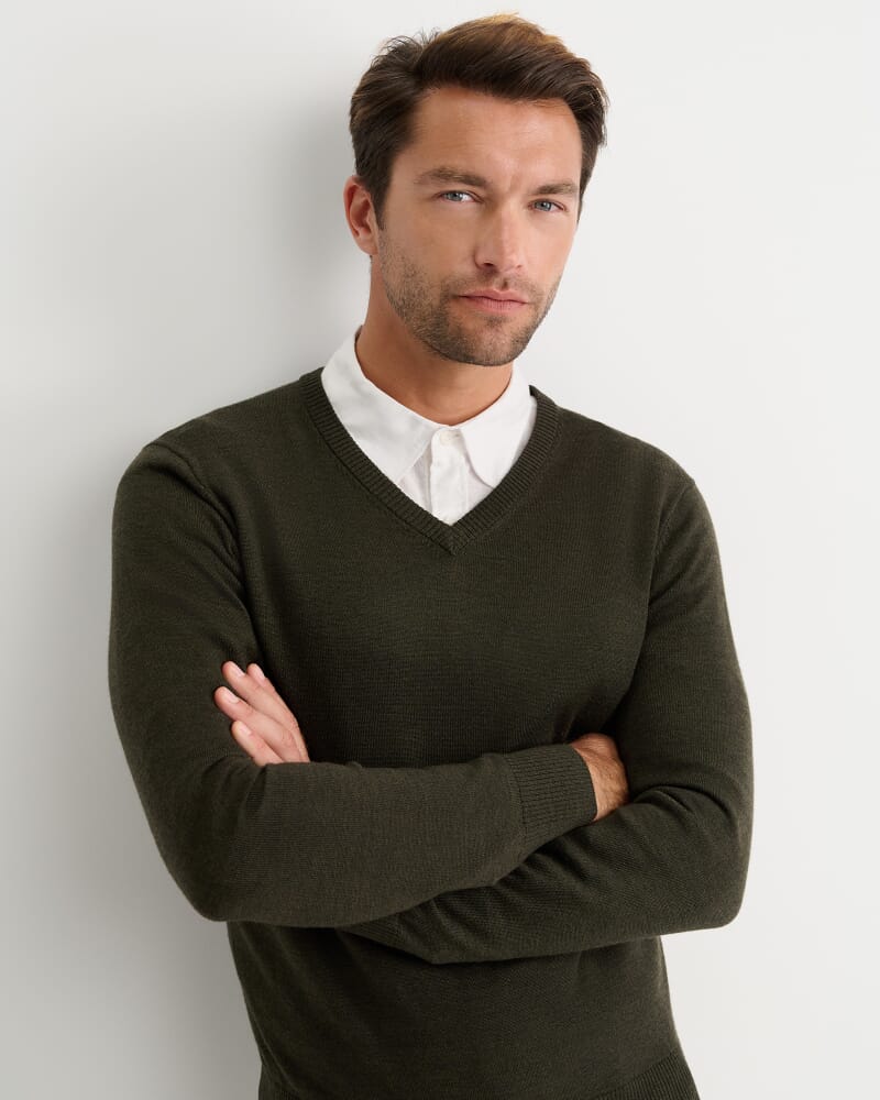 Merino V-Neck Knit in DARK KHAKI