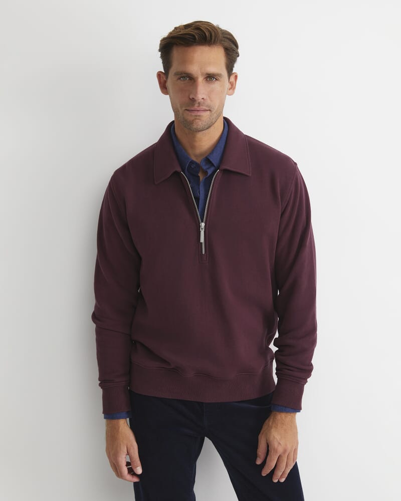 Collared Zip Sweat in BURGUNDY