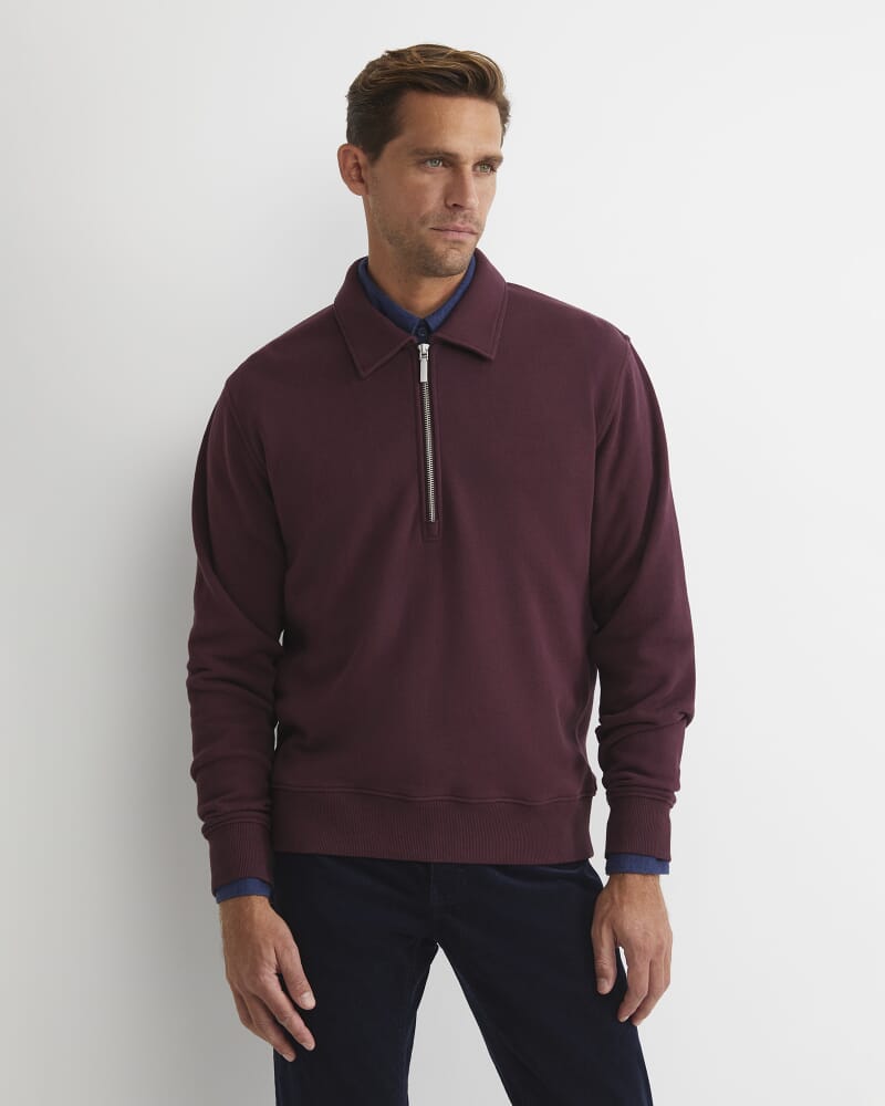 Collared Zip Sweat in BURGUNDY